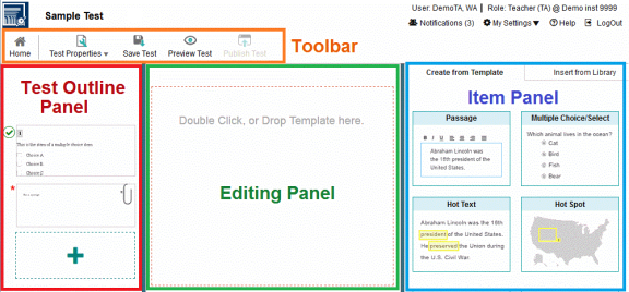 The Test Editor page displays a toolbar on the top, the test outline panel on the left, the editing panel in the middle, and the item panel on the right