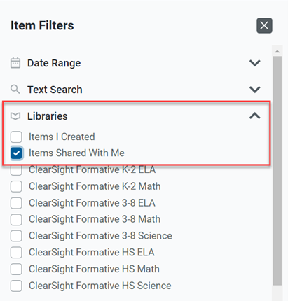 Item Filters panel with the Libraries section expanded to list Items I Created, Items Shared with Me, and various libraries.
