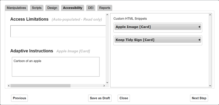 Alternate Assessment Document Editor window: Accessibility tab