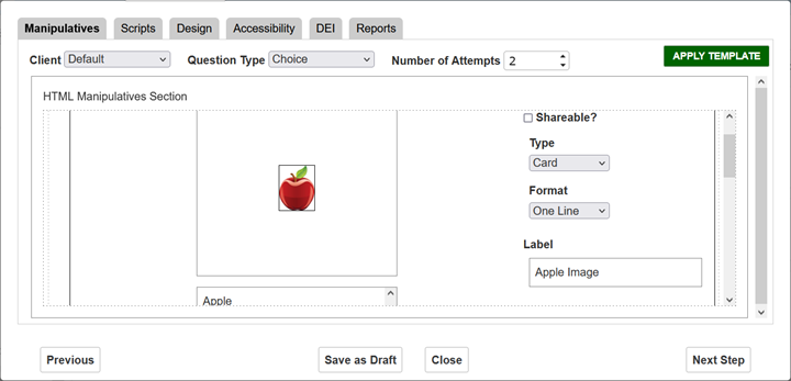 Alternate Assessment Document Editor window: Manipulatives tab