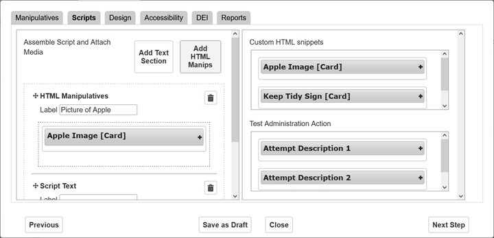 Alternate Assessment Document Editor window: Scripts tab