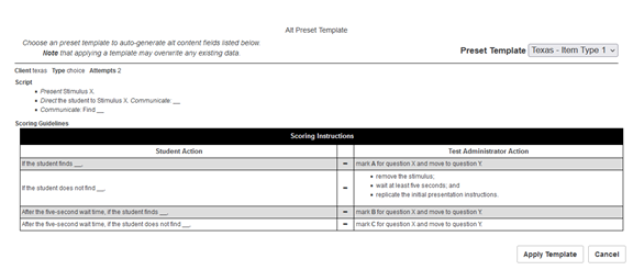 Alt Preset Template pop-up window