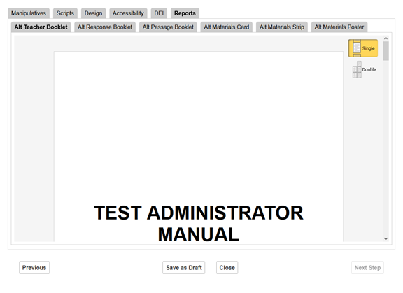 Alternate Assessment Document Editor window: Reports tab: Alt Teacher Booklet sub-tab