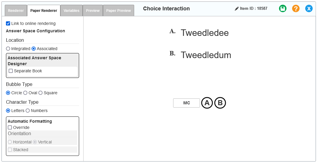 Choice interaction editor window: Multiple Choice: Paper Renderer tab