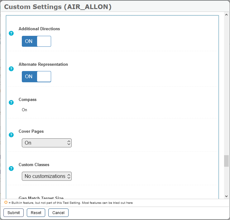 Custom Settings window, scrolled down to show Additional Directions, Alternate Representation, and other settings