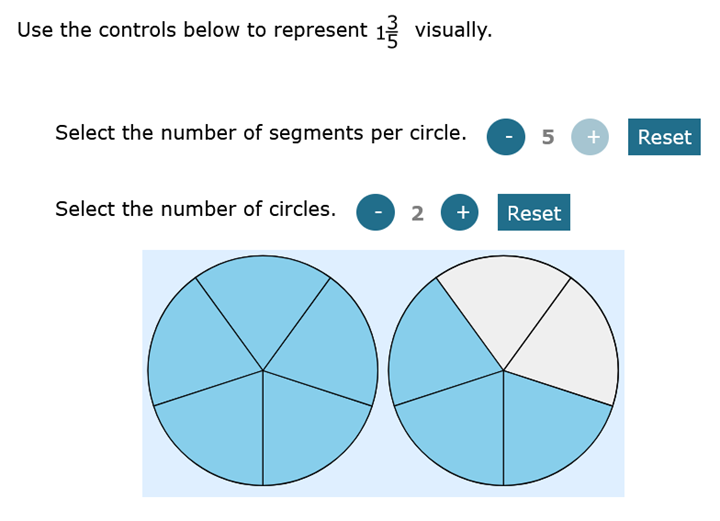 Fraction Model interaction showing controls the student can use to create segmented circles and select segments