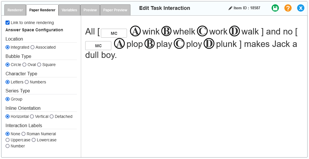 Edit Task interaction editor window: Edit Task Inline Choice: Paper Renderer tab