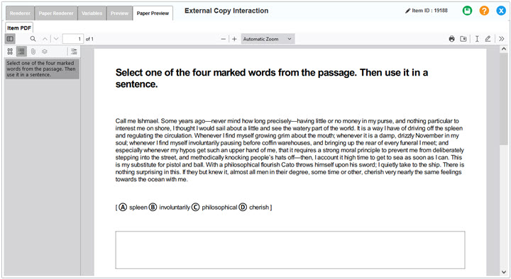 External Copy Interaction editor window: External Copy Inline: Paper Preview tab displaying instructions, a passage, marked words, and a text box