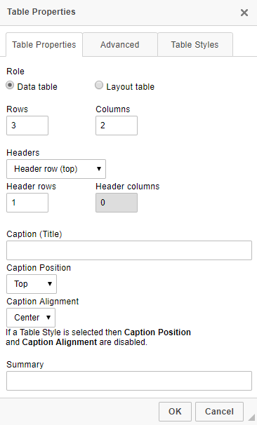 Table Properties window: Table Properties tab