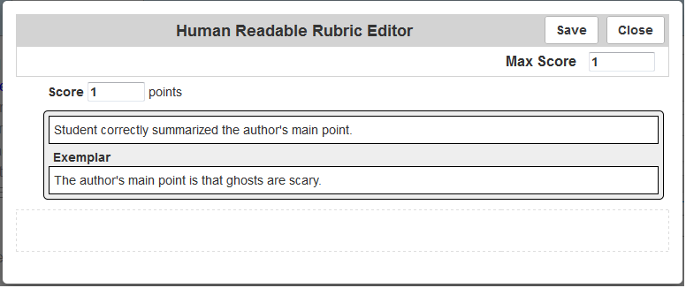 Human Readable Rubric Editor window with a criterion filled out