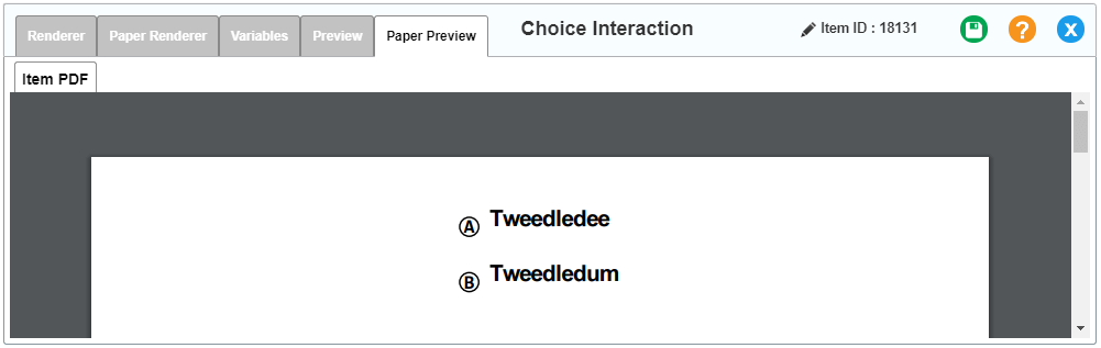 Choice interaction editor window: Paper Preview tab