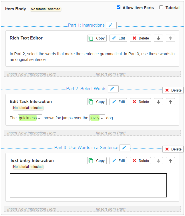 Item body with Allow Item Parts checkbox marked and three parts inserted into the item