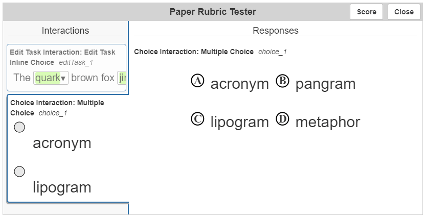 Paper Rubric Tester window with two interactions