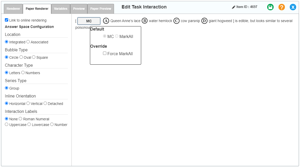 Edit Task interaction editor window: Edit Task Inline Choice: Paper Renderer tab with MC pop-up