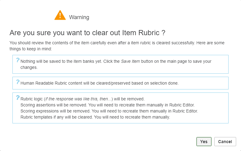 Rubric Admin Tool Warning pop-up