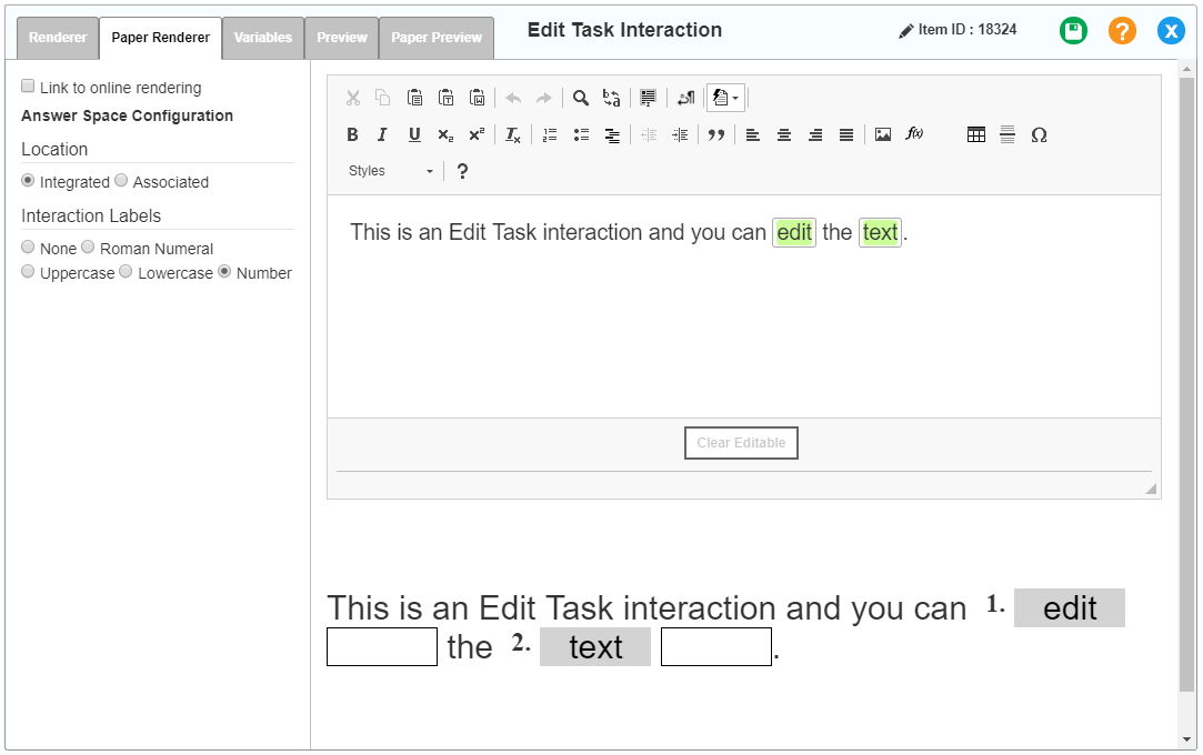 Edit Task interaction editor window: Standard Edit Task: Paper Renderer tab