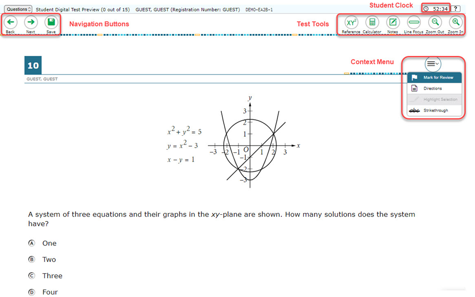 A picture containing screenshot of a sample test page from the Math test. Specific areas are highlighted, including the navigation buttons, student clock, test tools. and context menu.