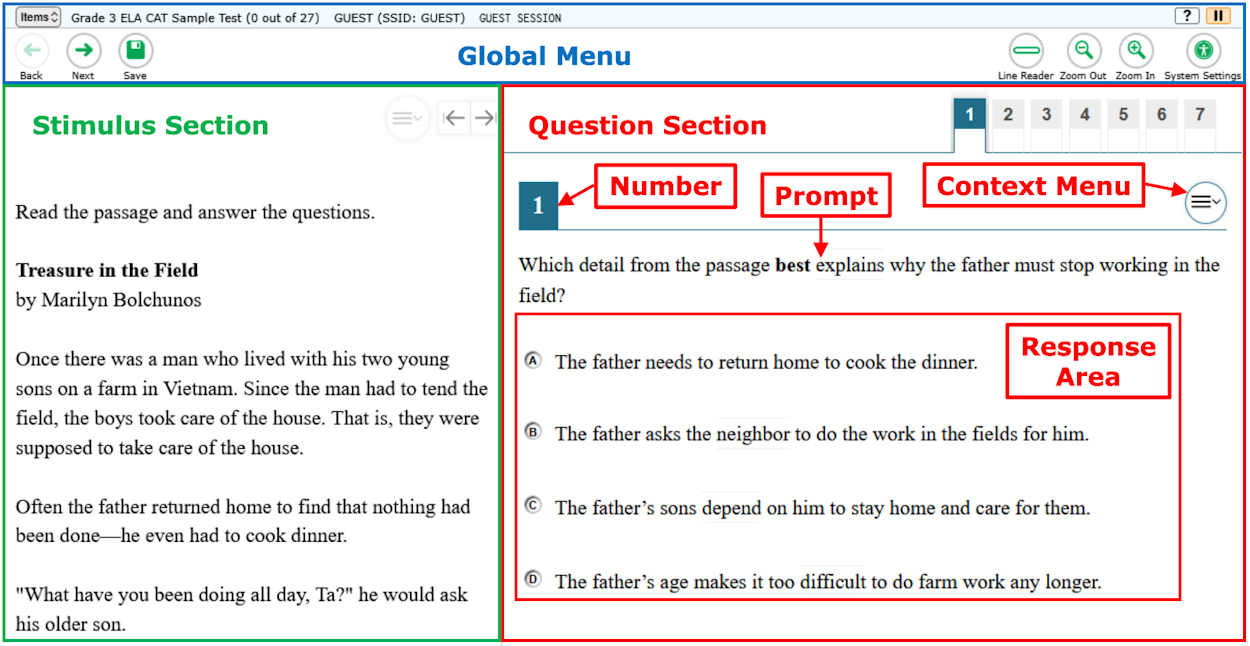 sample test page showing the Global Menu area with tools at the top, a stimulus section on the left, and a question section on the right