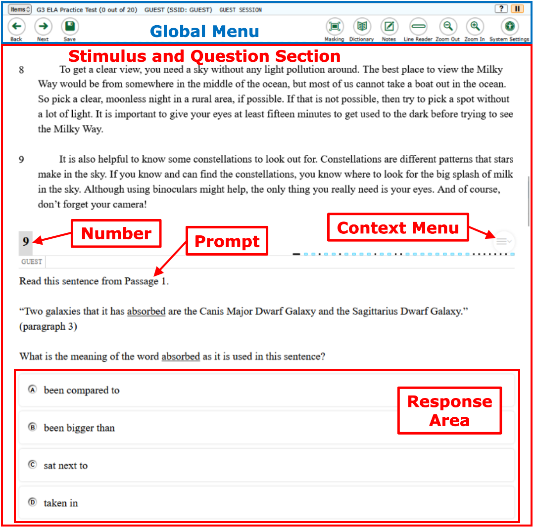 Sample Test Layout sample test page showing the Global Menu the top and the Stimulus and Question section below
