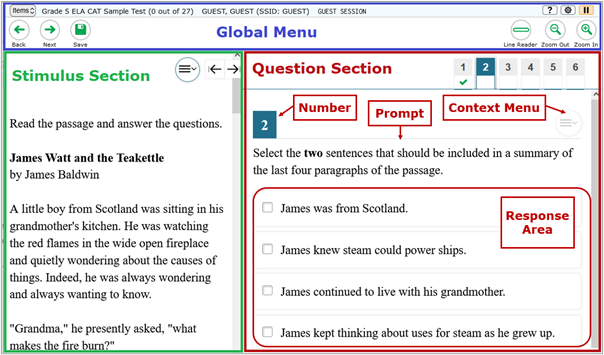 This image shows a sample test page. The top of the image shows the buttons for navigation and tools. Text boxes and arrows point to the available navigation buttons and test tools.