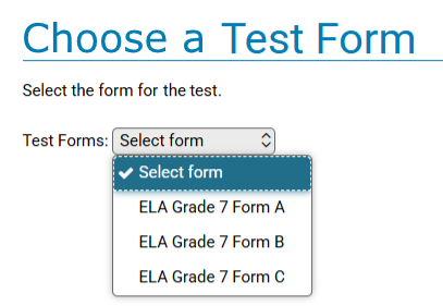Test Forms dropdown