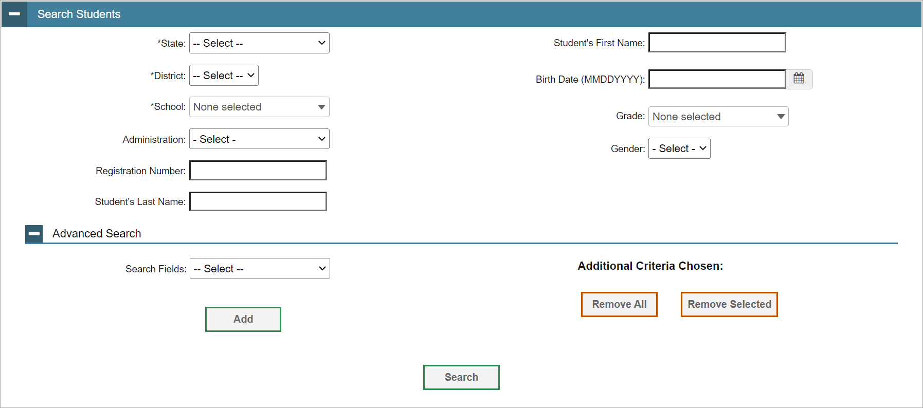 Search panel showing Search Students basic and advanced fields