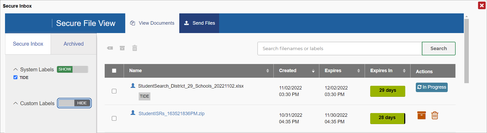 Secure Inbox overview including Secure Inbox and Archive tabs with the Inbox showing files exported to the Secure Inbox.