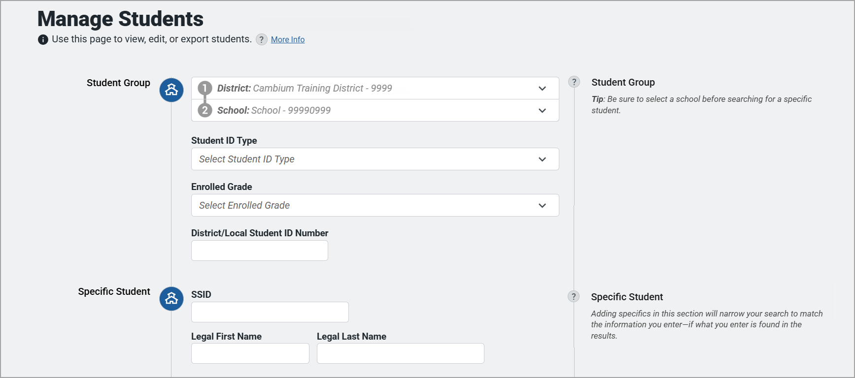 Search sections Search screen showing a Student Group section and a Specific Student section