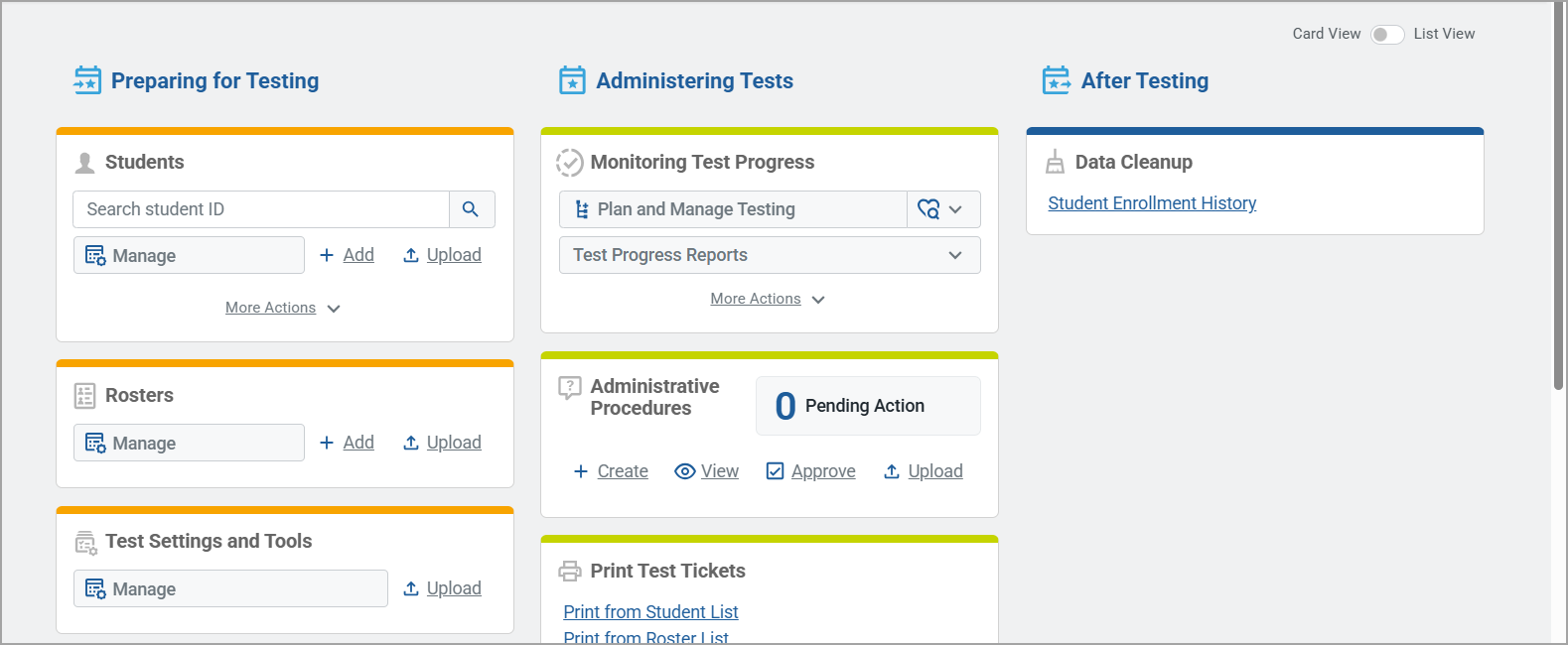 Shows the Dashboard with card UI components grouping tasks together in task groups to highlight commonly used tasks