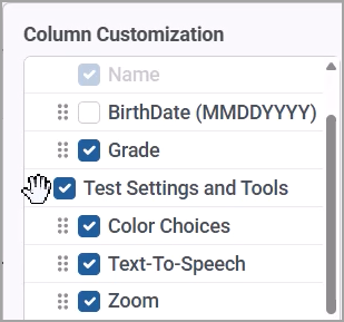 Shows the column customization menu with the cursor in move mode for a section
