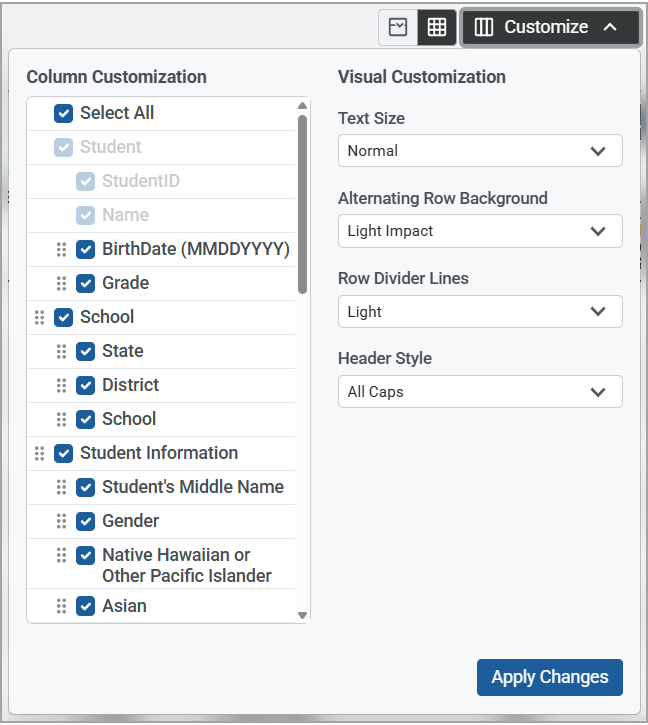 Shows the Customize menu from grid view that offers both column and visual options