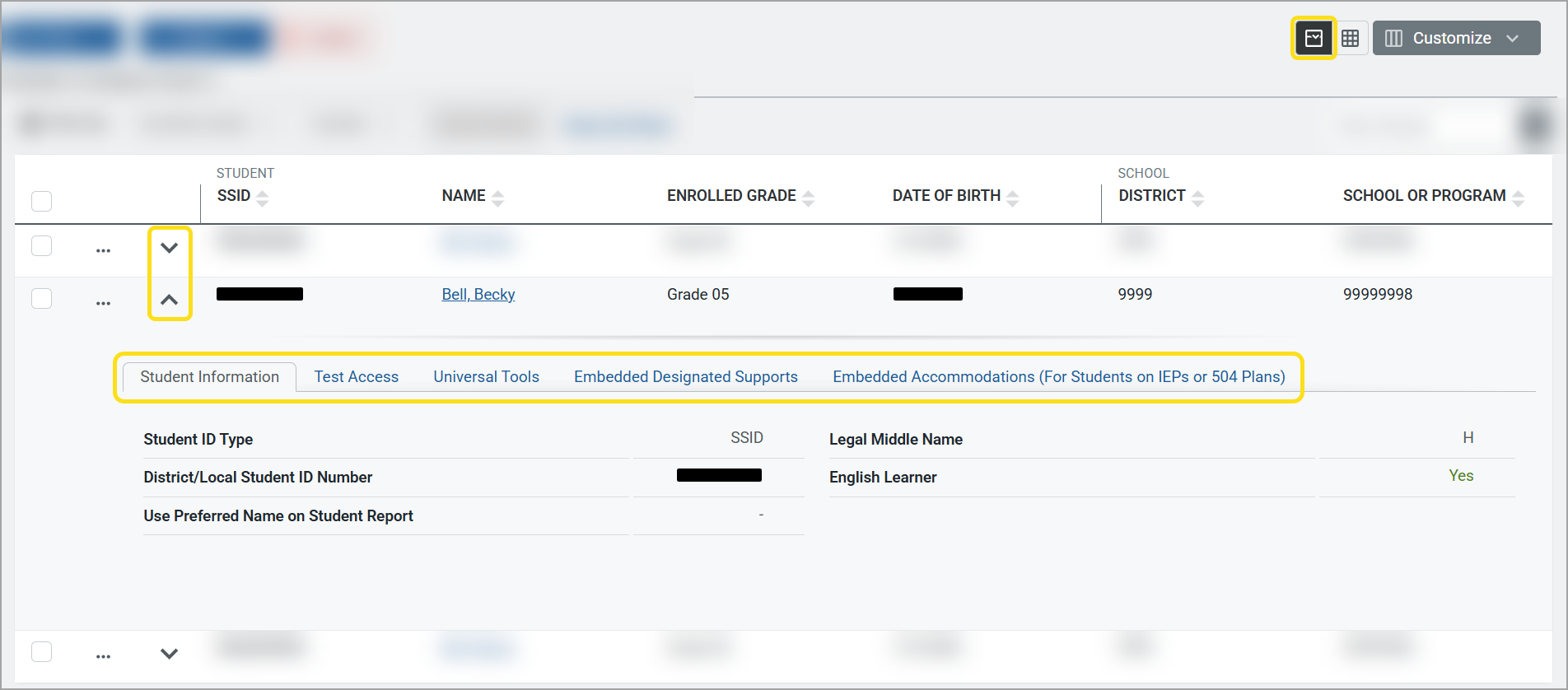 Shows the search results grid in focus view with the expandable arrows, tabs, and focus view button highlighted in yellow